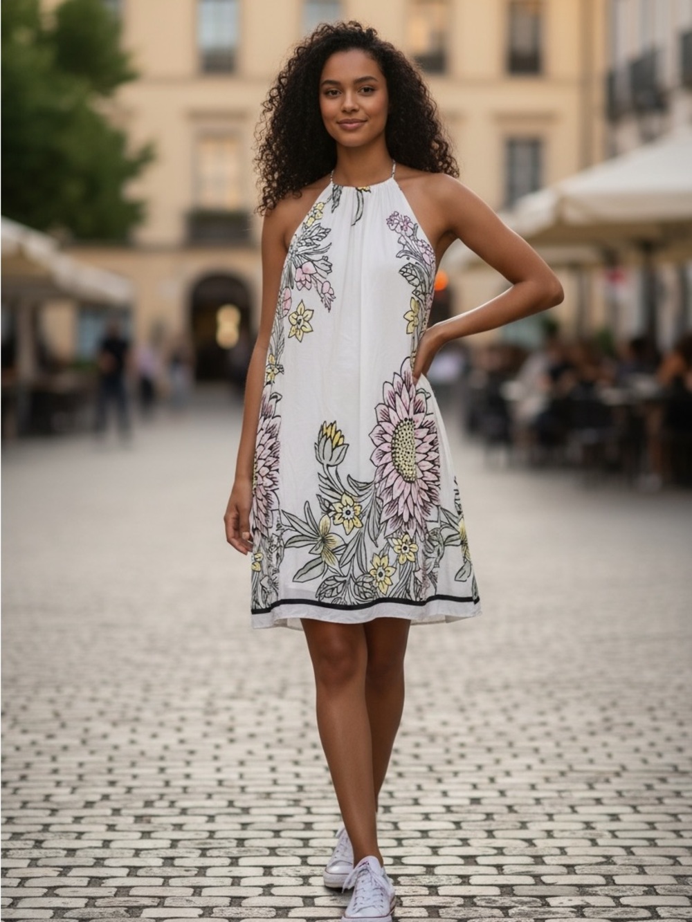 LOFT White Halter Mini Dress with Pink & Yellow Floral Print